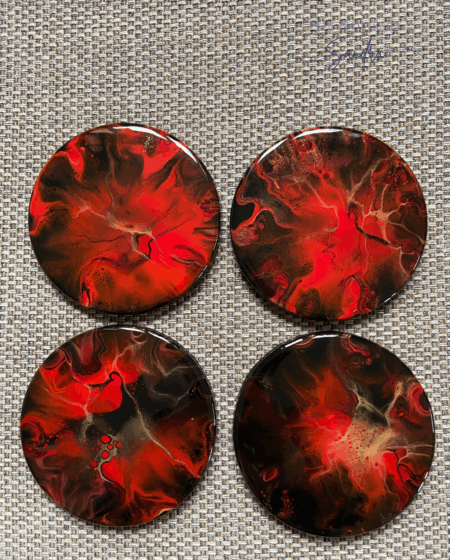 Fiery Red & Black Coaster Set of 4 – Abstract Acrylic Pour, Resin-coated
