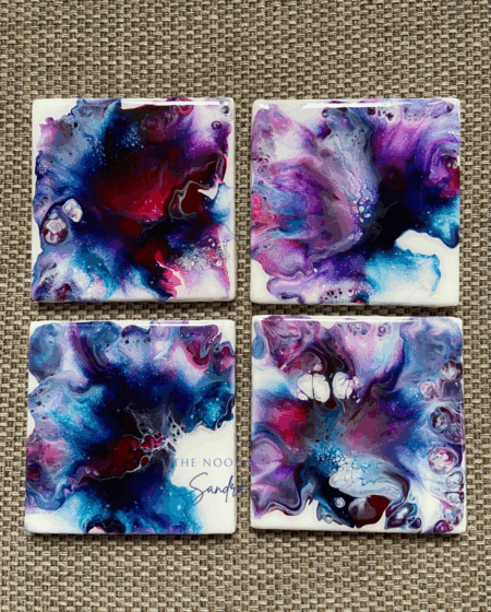 Midnight Petals Handmade Coasters, Set of 4 – Abstract Acrylic Pour, Resin-coated