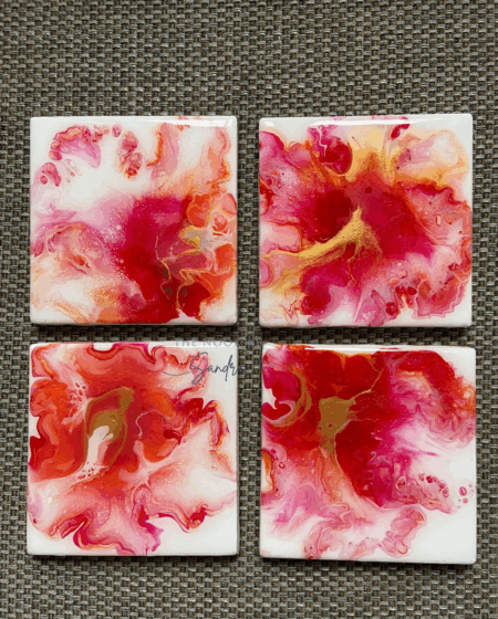 Sunset Petals Handmade Abstract Acrylic Pour Drinks Coasters Set of 4