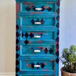 Hand-Painted Tall Chest of Drawers – Harlequin Style, Teal & Red, Vintage Look