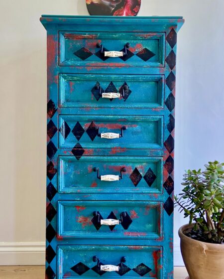 Hand-Painted Tall Chest of Drawers – Harlequin Style, Teal & Red, Vintage Look